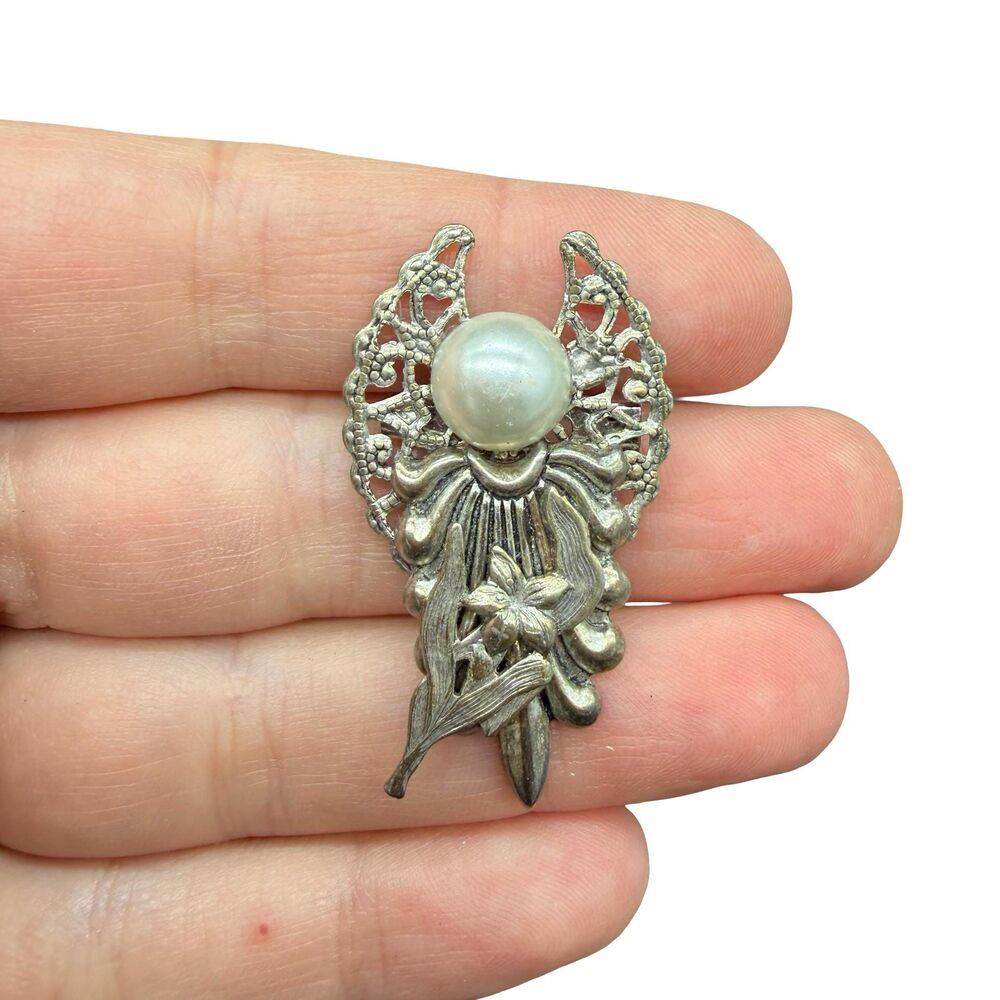 Vintage Jewelry Angel with Lily Flower Brooch Angel Pin Religious Brooch